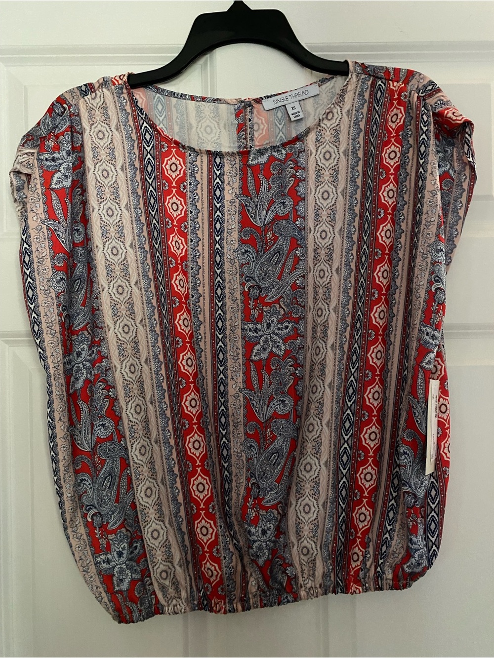 Stripped Paisley Short Sleeve Blouse in Red and Navy by Single Thread